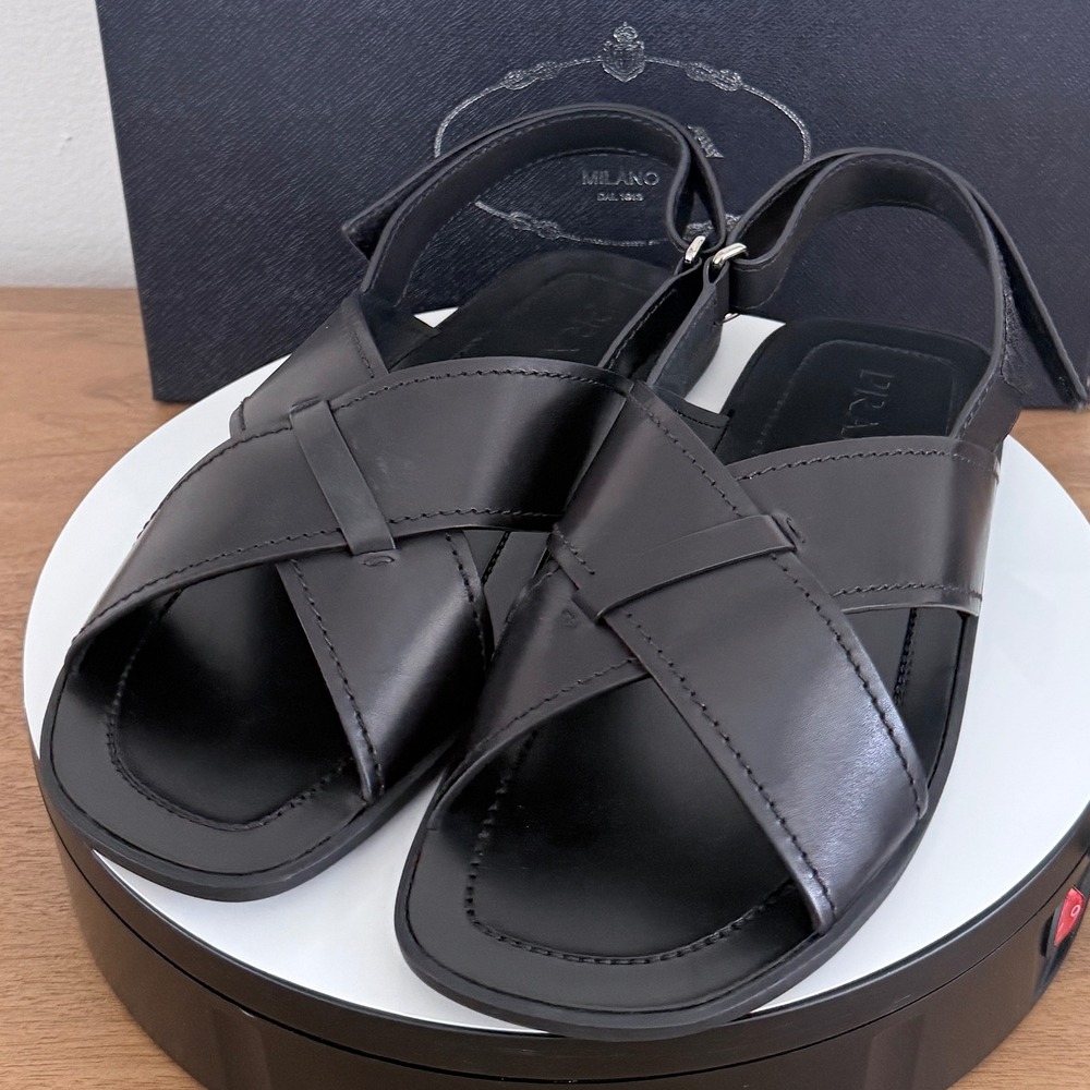 Prada 2X2997 Mens Black Leather Crisscross Slingback Sandals Size UK 9 US 10